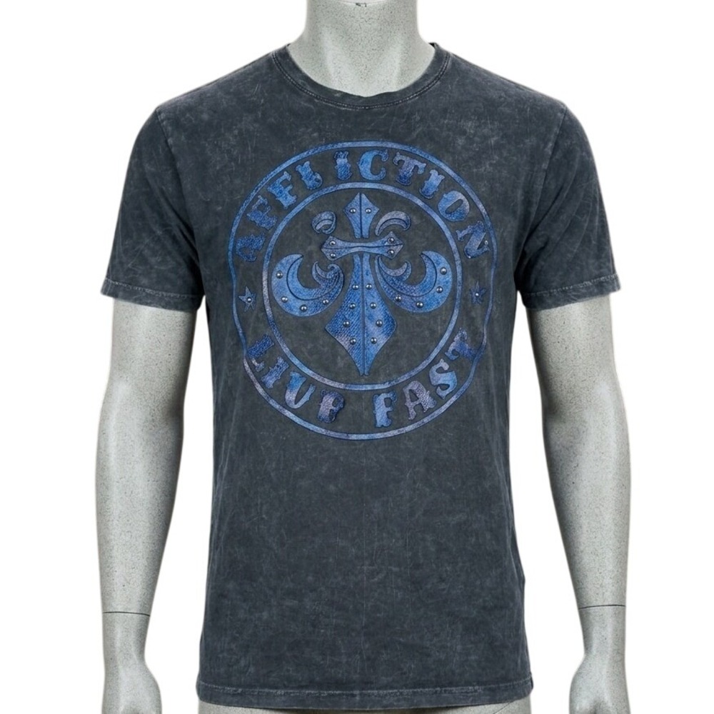 Affliction Live Fast Mens XL Graphic T-Shirt Blue Fleur De Lis Cross Stud Grey